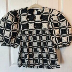 SEA NEW YORK catalina calico quilted black & white puff sleeve cut out top